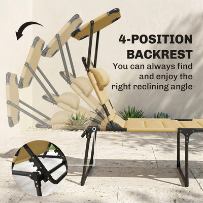 Outdoor Lounge Chair, 4 Position Adjustable Backrest, Folding, Cushioned w/ Sun Shade Roof & Pillow
