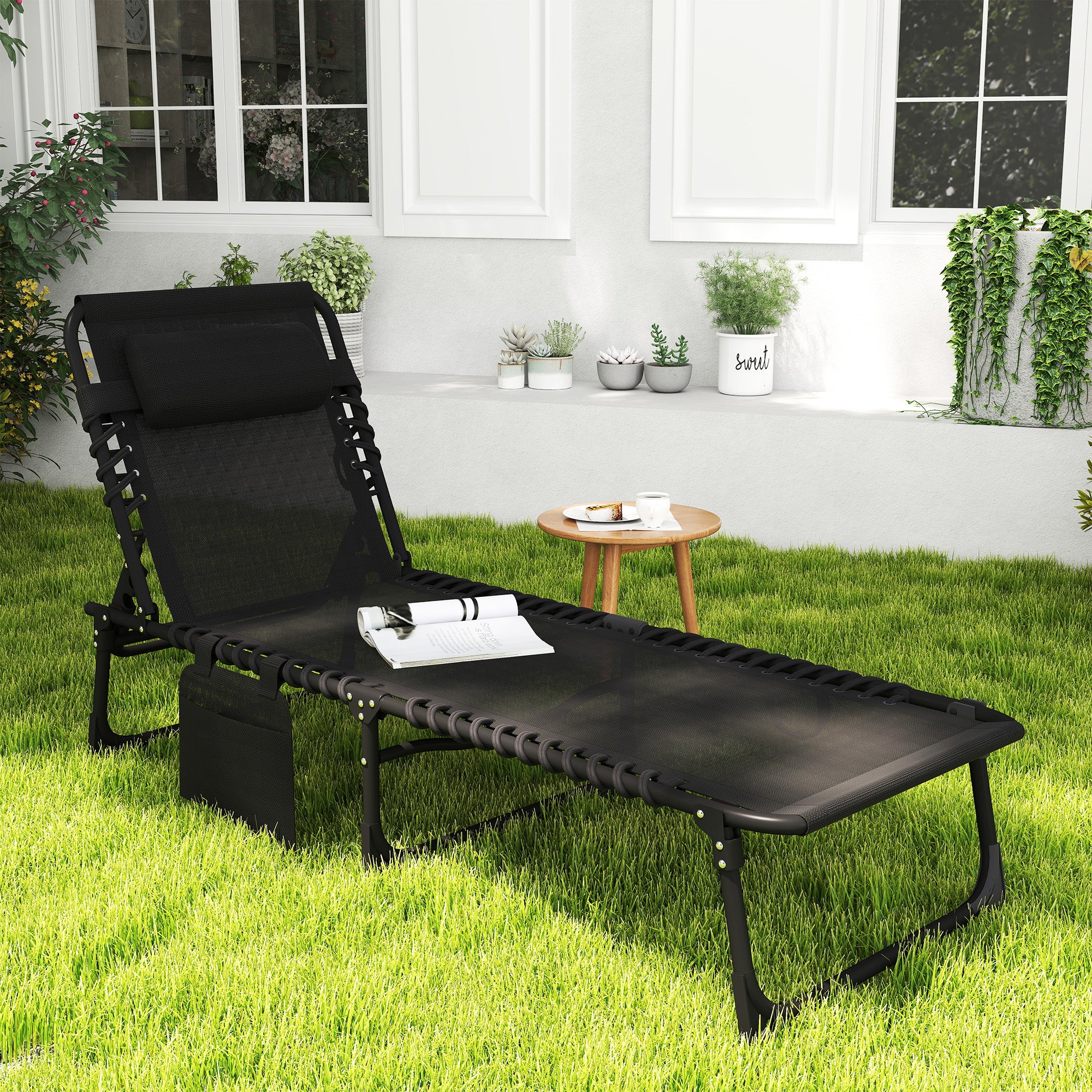 Reclining Chaise Lounge Chair, Portable Sun Lounger, Folding Camping Cot with Adjustable Backrest and Removable Pillow, for Patio, Garden, Beach