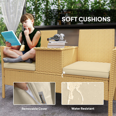 Patio Sofa Wicker Loveseat with Built-in Flip-Top Coffee Table and Cushions for Balcony, Garden, Lawn, Backyard, Khaki