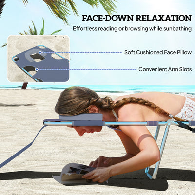 Tanning Chair with Face Hole, 5-Level Adjustable Outdoor Chaise Lounge Chair with Pillow for Beach, Pool, Gray