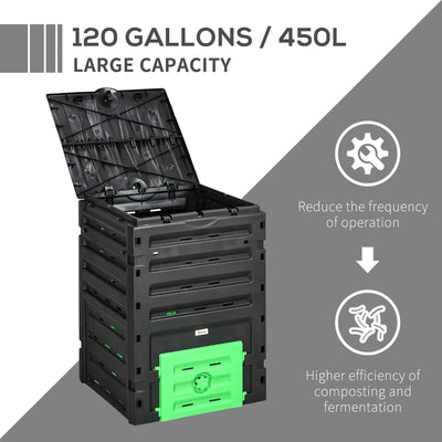 Garden Compost Bin, 120 Gallon (450L) Garden Composter, BPA Free, with 80 Vents and 2 Sliding Doors, Lightweight & Sturdy, Fast Creation of Fertile Soil
