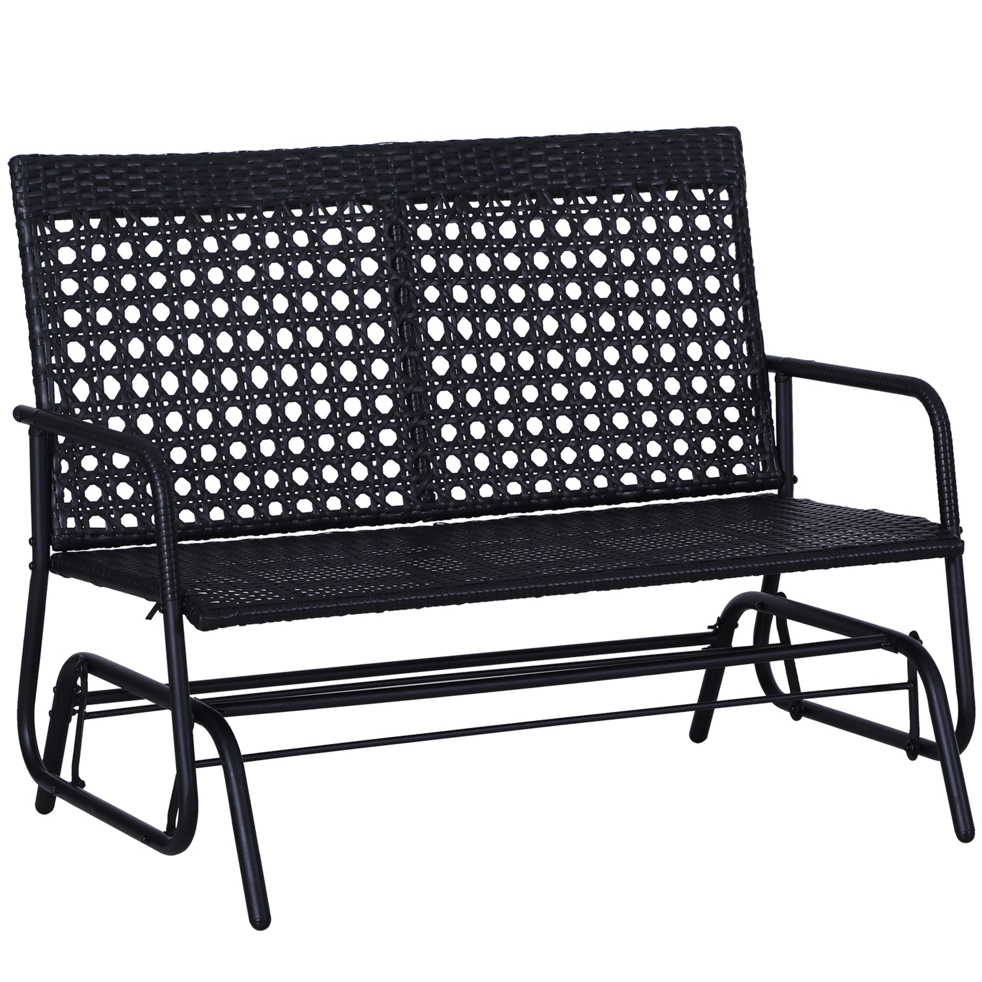 Patio 2-Person Wicker Glider Bench Rocking Chair, Outdoor All-Hand Woven PE Rattan Loveseat w/ Ergonomic Design Rocking System for Patio, Garden, Porch, Lawn, Black