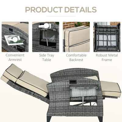 Outdoor Recliner Chair with Cushions, Reclining Patio Lounge Chair with Adjustable Footrest, Armrests, Tray Table