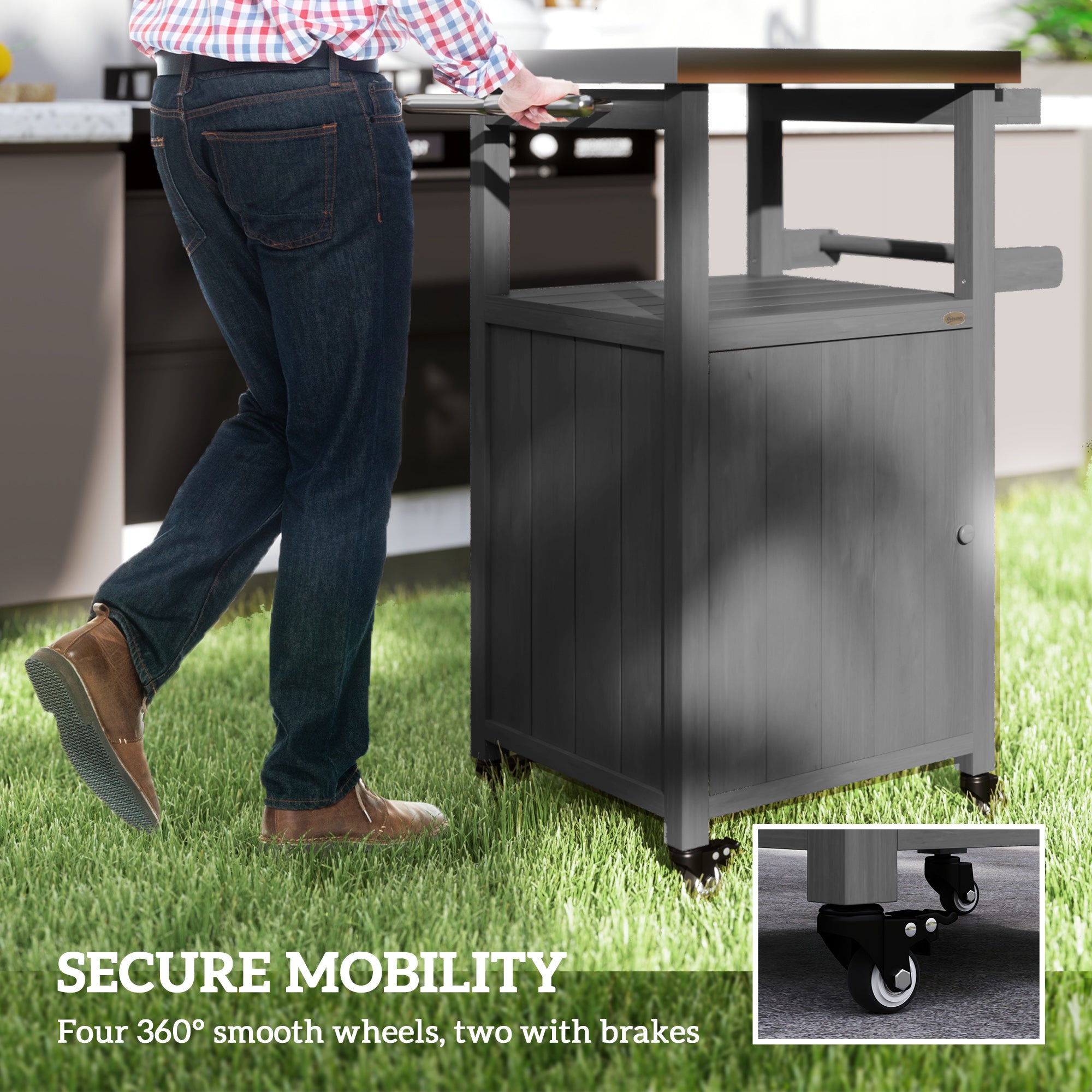 Outdoor Grill Cart w/ Stainless Steel Top, Solid Wood Outdoor Kitchen Island w/ Wheels, Integrated Hole