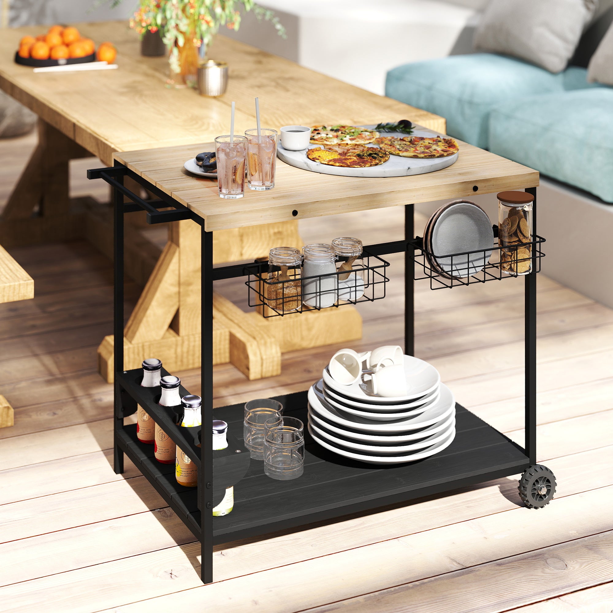Outdoor Bar Cart Patio Serving Cart with Wine Holders Natural