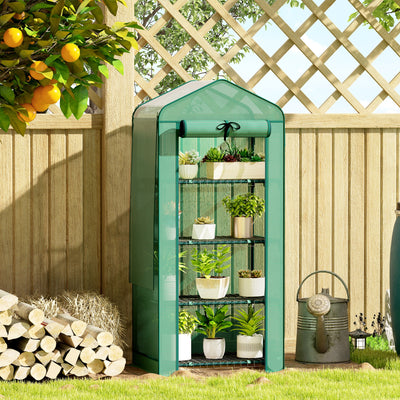 Mini Greenhouse with Screen Roof, 4 Tier Portable Small Greenhouse with High Strength PE Cover, Green