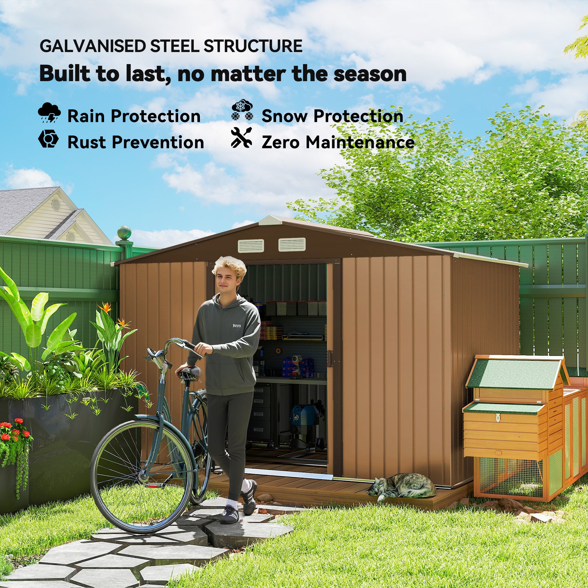 9' x 6' Outdoor Storage Shed, Garden Tool Metal Shed with Foundation Kit, Double Lockable Door, Air Vents and Sloping Roof, for Backyard, Patio, Lawn