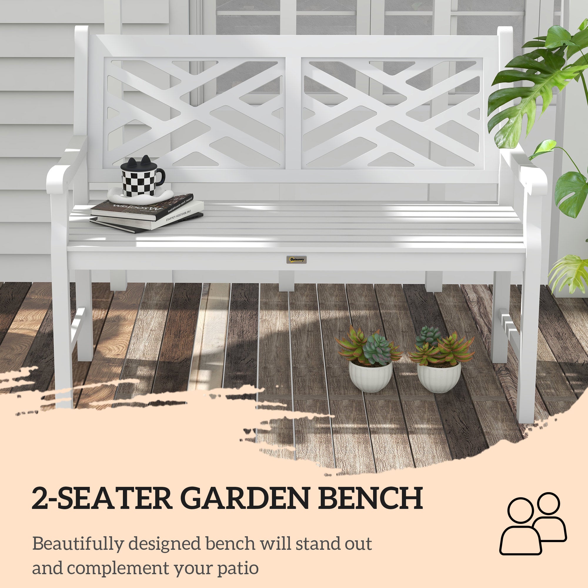 Outdoor Garden Bench, Wooden Frame Patio Bench with Geometric Pattern, 43.25 Inch Weatherproof 2-Person Love Seat for Garden, Lawn, Porch, Yard, Work Entryway