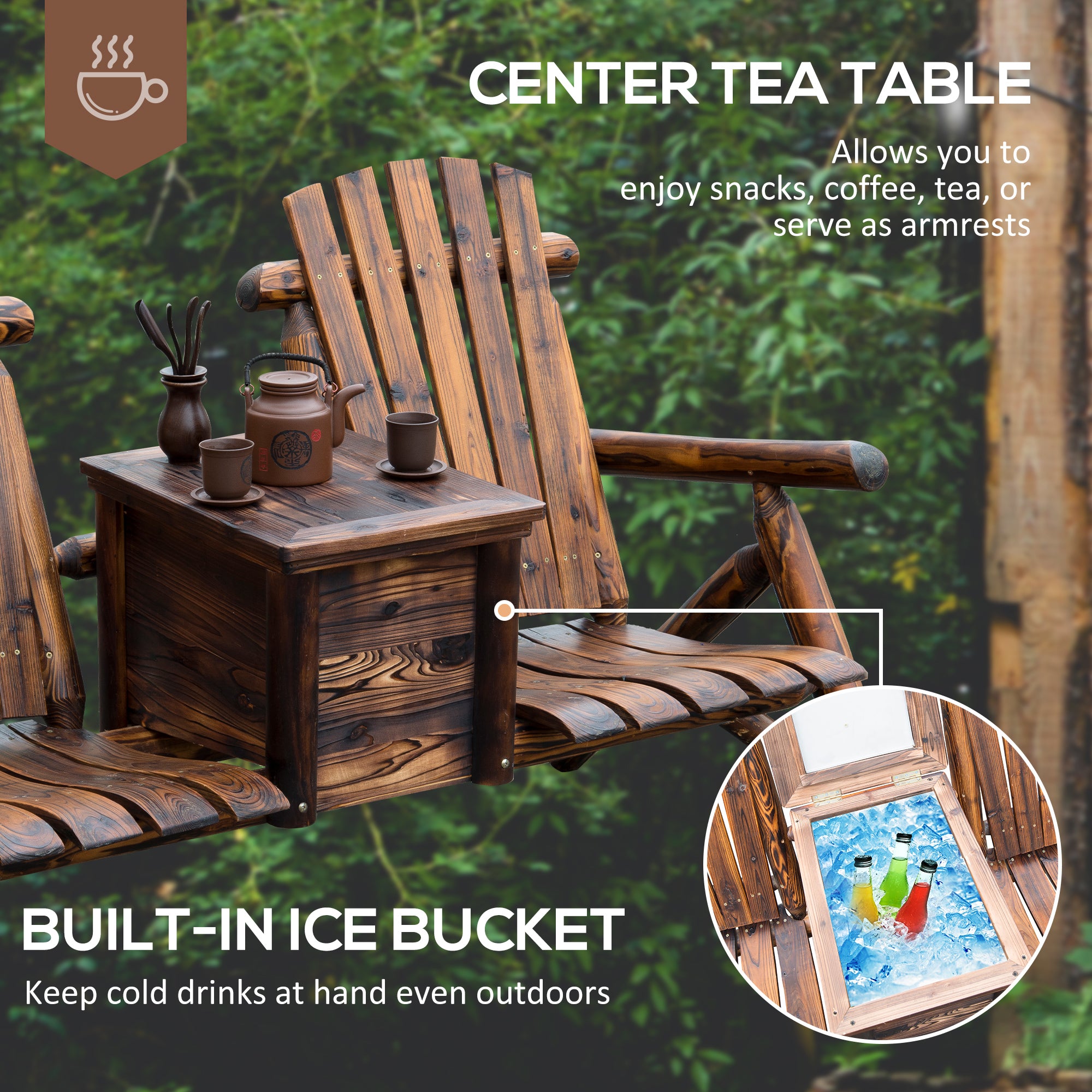 Double Wooden Adirondack Chair with Ice Bucket, Outdoor Loveseat with High Backrest, Smooth Armrest, Rustic Brown