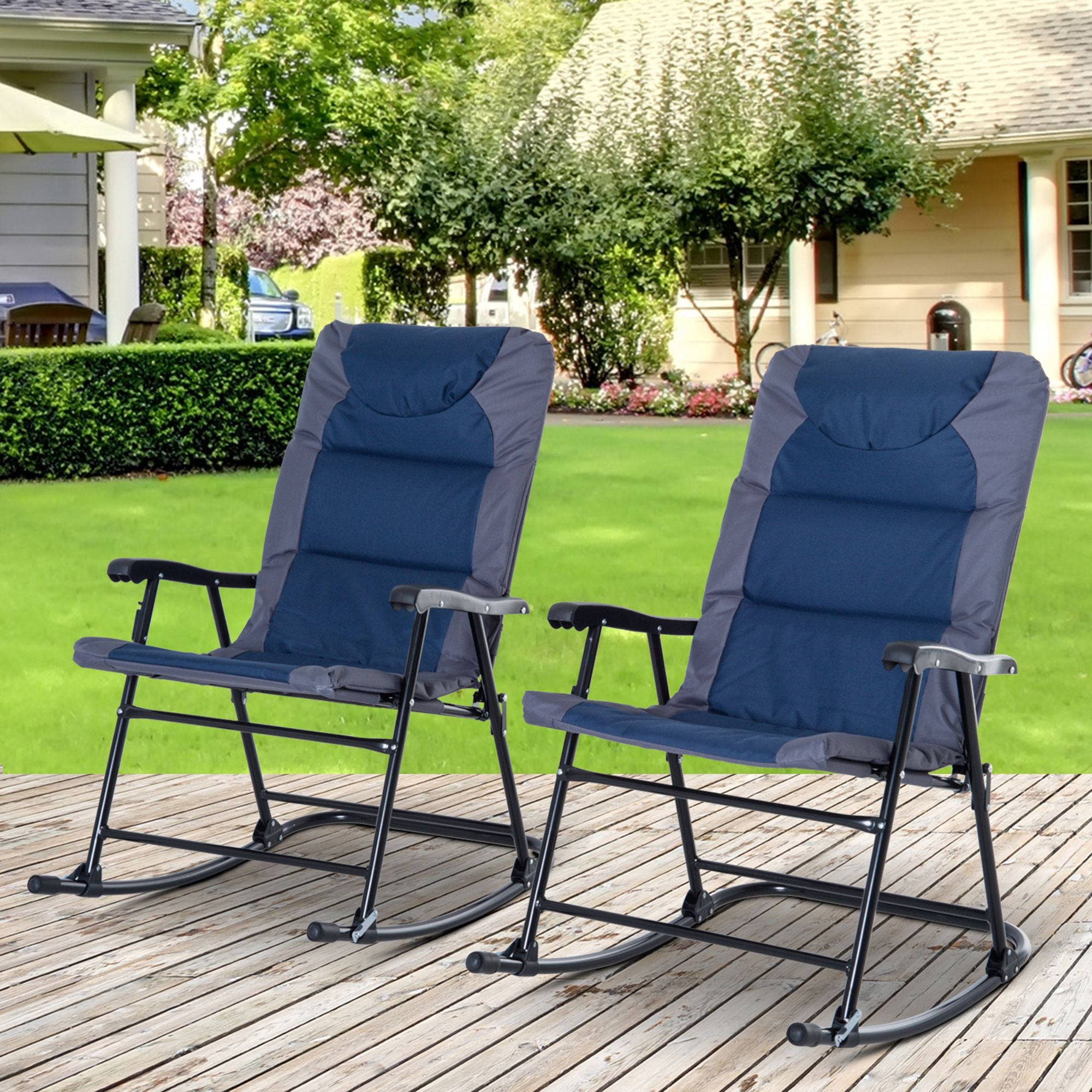 2 Piece Outdoor Patio Furniture Set with 2 Folding Padded Rocking Chairs, Bistro Style for Porch, Camping, Balcony