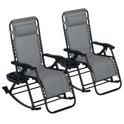 2 Outdoor Rocking Chairs Foldable Reclining Zero Gravity Lounge Rockers w/ Pillow Cup & Phone Holder