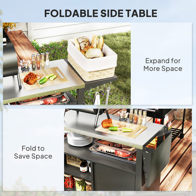 Outdoor Grill Cart Table with Stainless Steel Top, Movable Pizza Oven Table with Foldable Side Table, Wheels