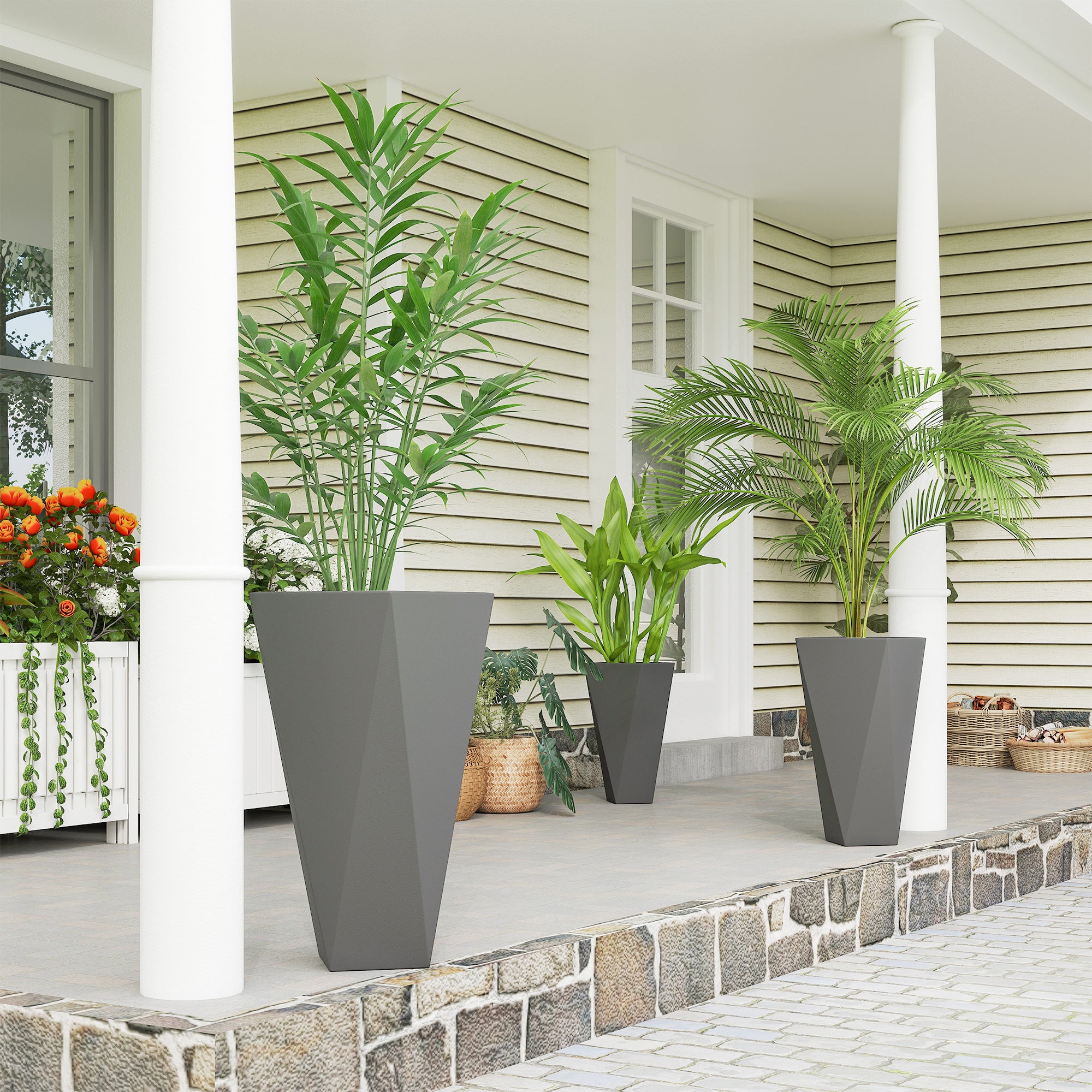 Indoor Outdoor Planters Set of 3 MgO Tall Planters Stackable Flower Pots with Drainage Holes for Garden, Balcony, Alt Gray