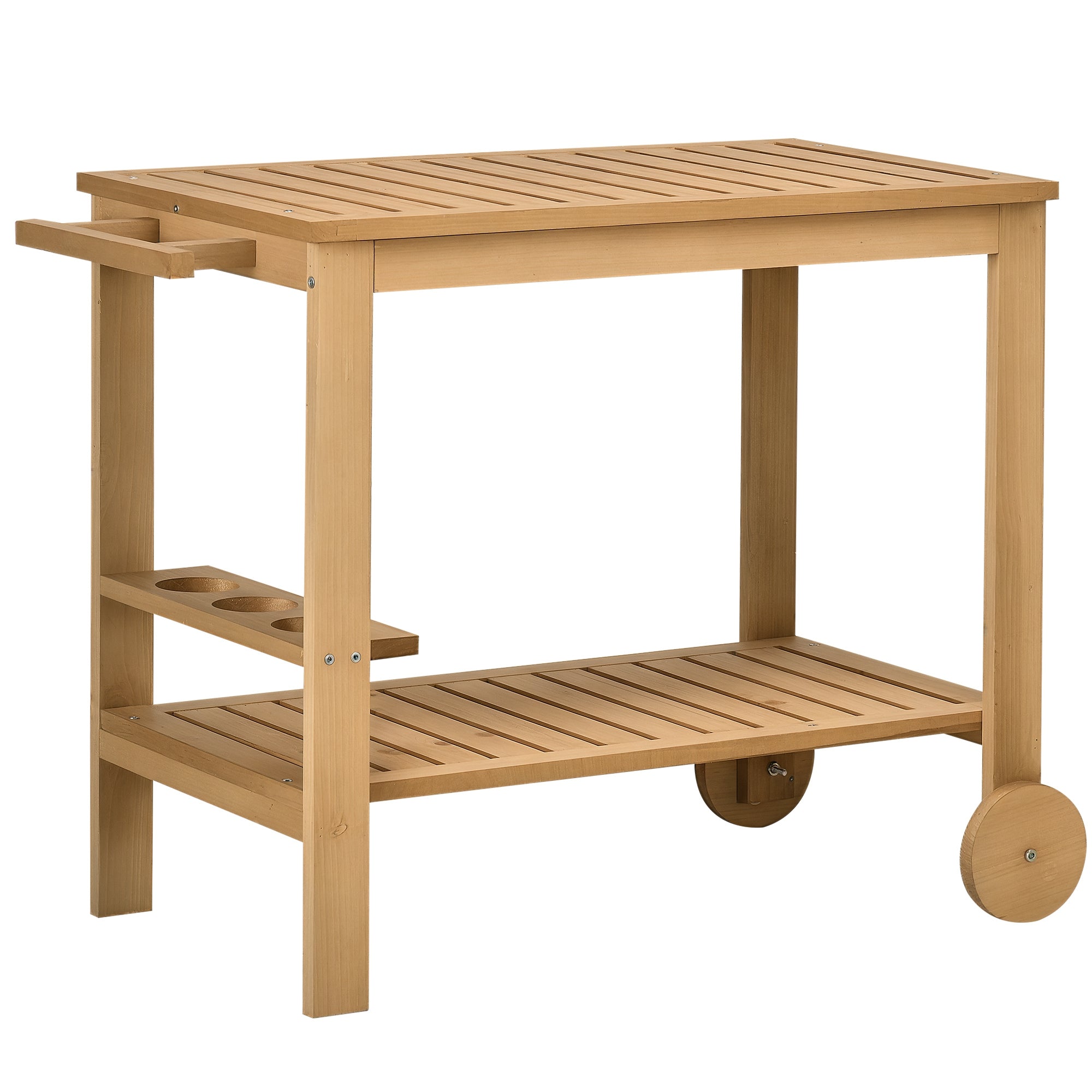 Outdoor Bar Cart, Wood Rolling Home Bar & Serving Cart ，2 Shelves, Wine Bottle Holders for Garden, Dining Room, Natural