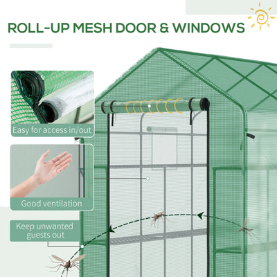 7' x 5' x 6' Walk-in Greenhouse for Outdoors with Mesh Door and Windows, 18 Shelf Hot House with Trellis, Plant Labels, UV Protective for Growing Flowers, Herbs, Vegetables, Saplings, Green