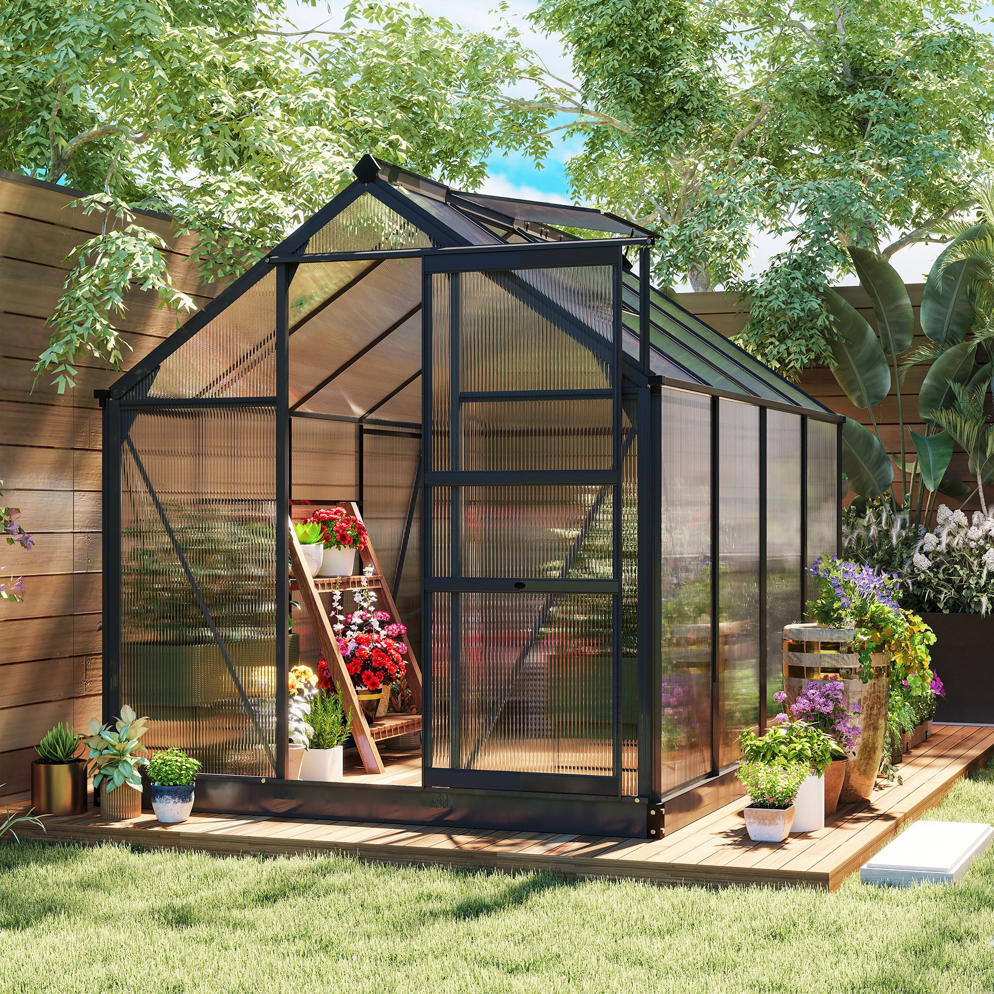 Greenhouse for Outdoors, Polycarbonate Greenhouse with Rain Gutter and Roof Vent, Aluminum Walk-in Green House for Patio Backyard Garden