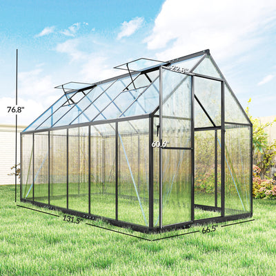 Polycarbonate Greenhouse with Swing Door and Two Adjustable Roof Vents, Aluminum Walk-in Greenhouse, 11x6 ft