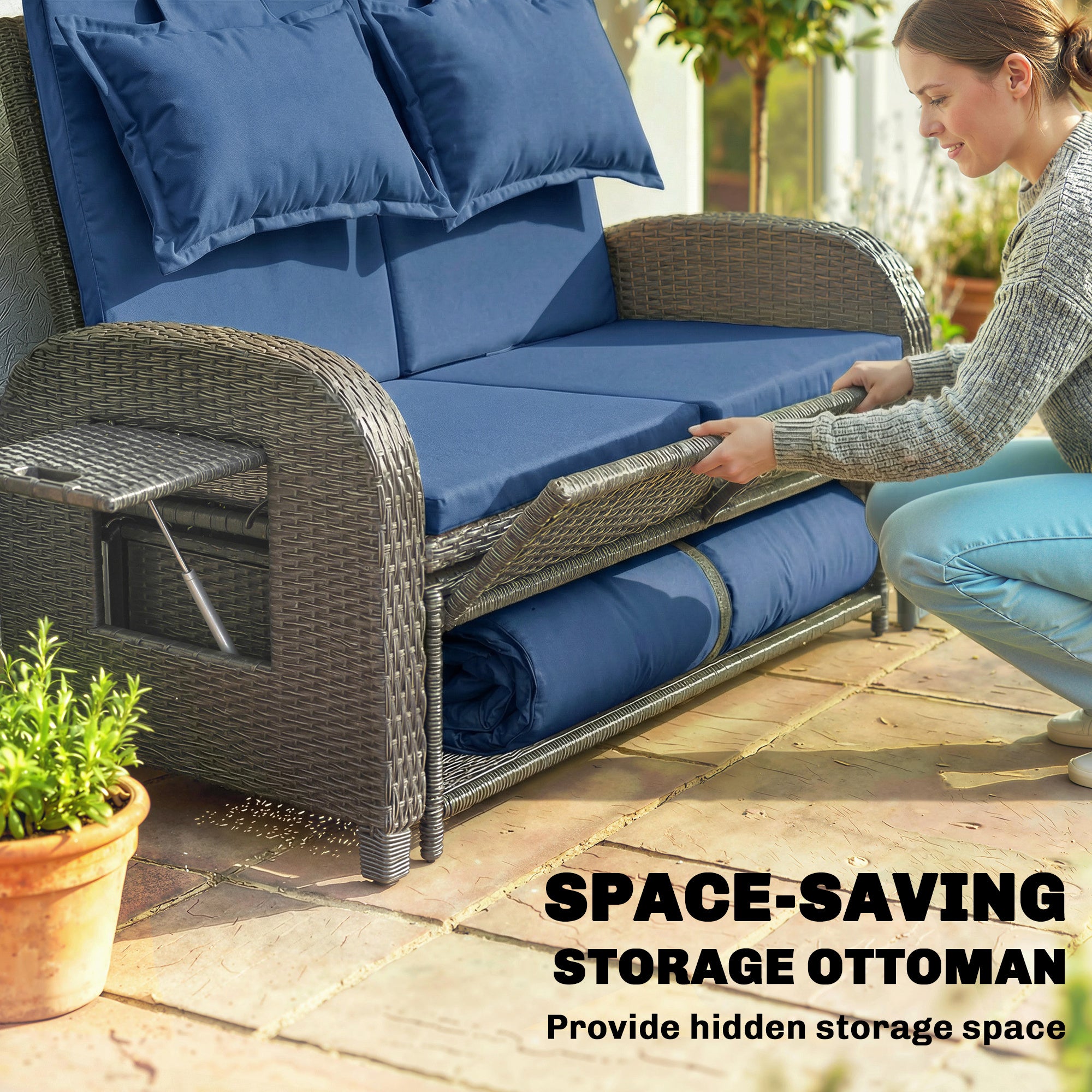 Patio Rattan Daybed, Wicker Outdoor Daybed with Storage Ottoman, Loveseat w/ Adjustable Backrest