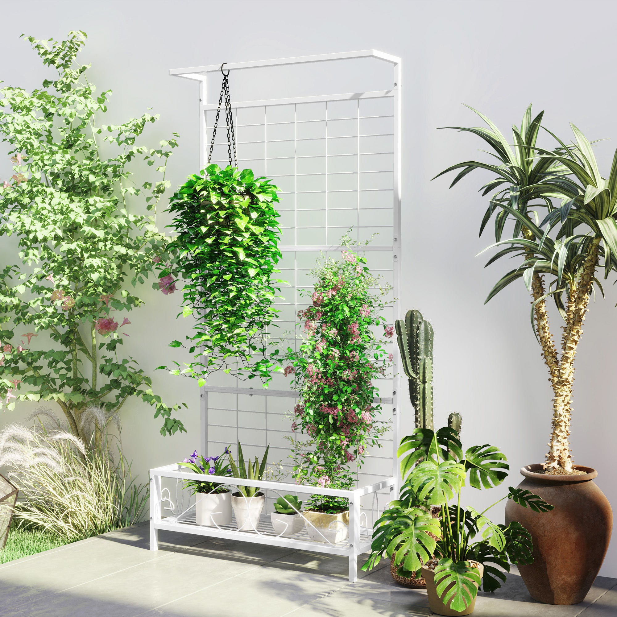 Metal Tall Plant Stand with Trellis and Hanging Bar, Plant Holder for Indoor Outdoor Use, 35" x 12.8" x 74", White