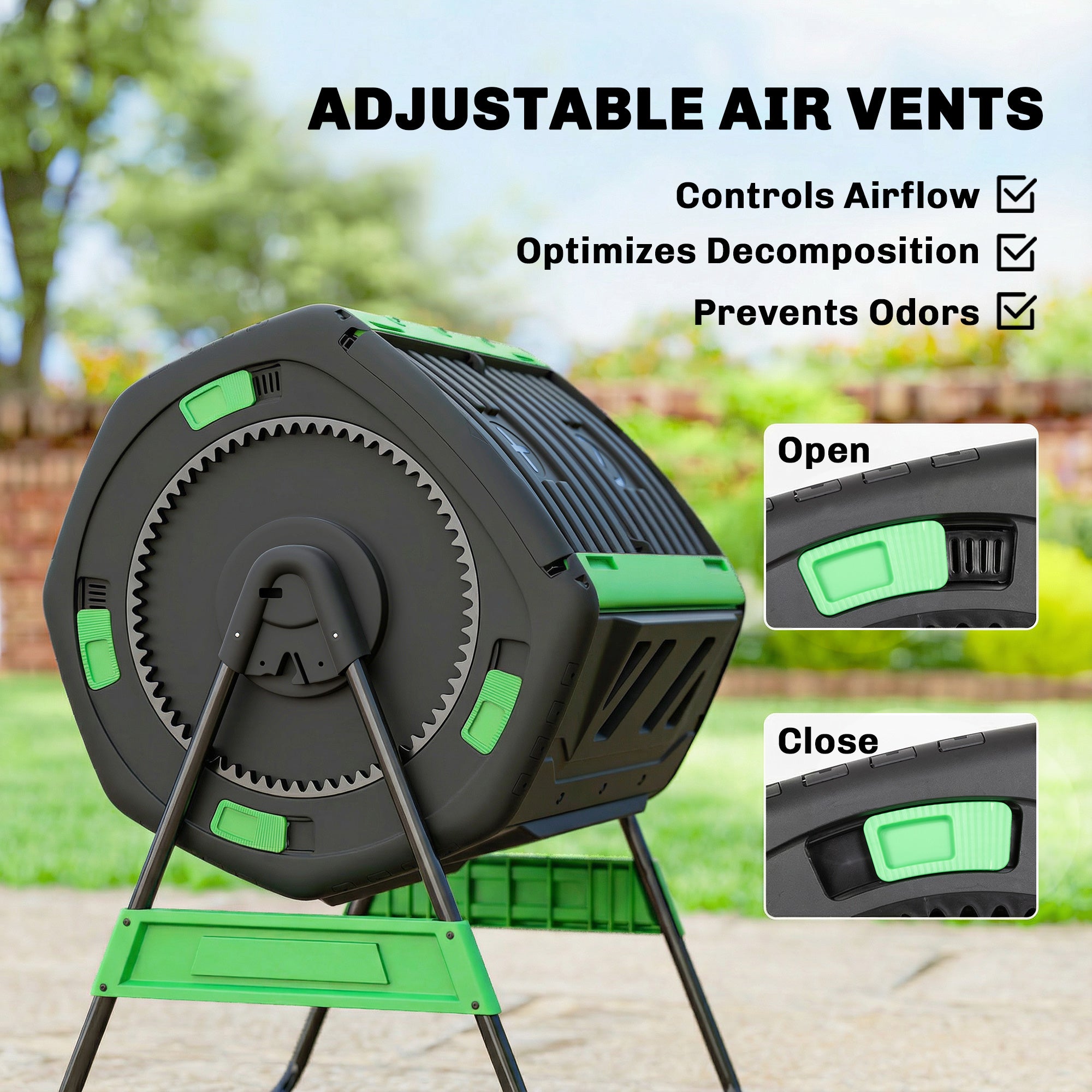 Compost Bin Outdoor, 53 Gal Dual Chamber Tumbling Composter with Adjustable Vents, BPA Free Tumbling Composter