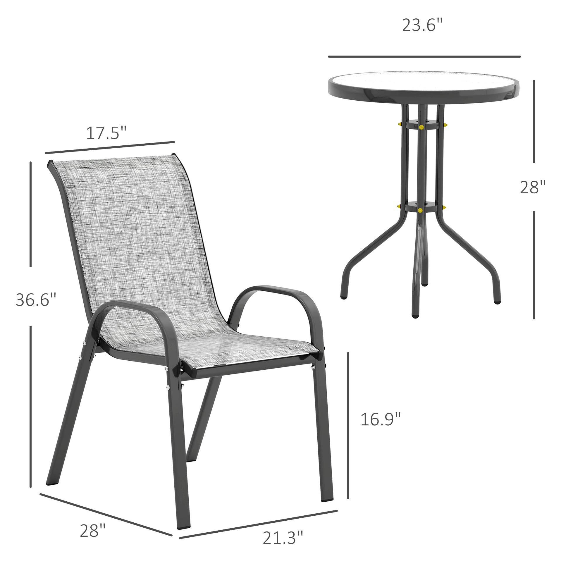 3 Pieces Bistro Set, Small Patio Furniture Set with Stackable Chairs and Glass Table for Backyard, Balcony