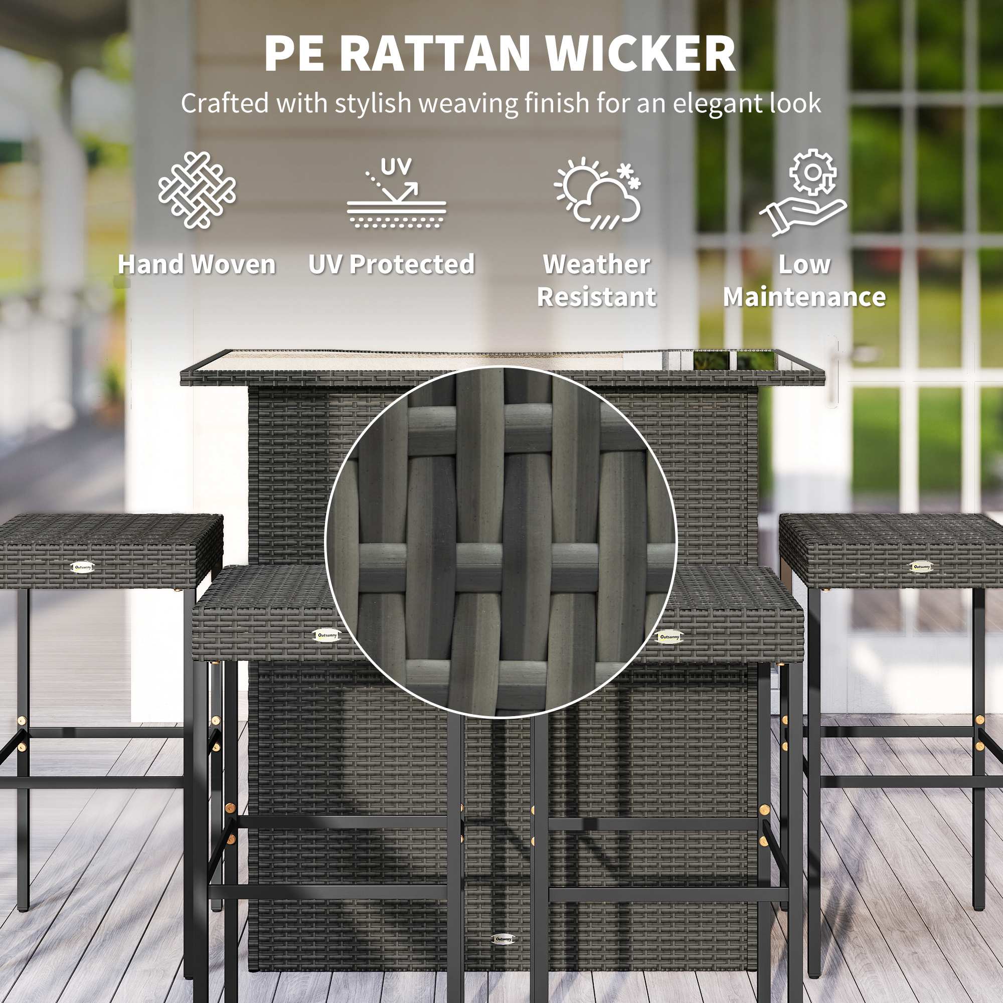 5 Piece Rattan Wicker Bar Set, High Top Outdoor Table and Chairs, Bar Height Patio Set, 2 Shelves & 4 Bar Stools