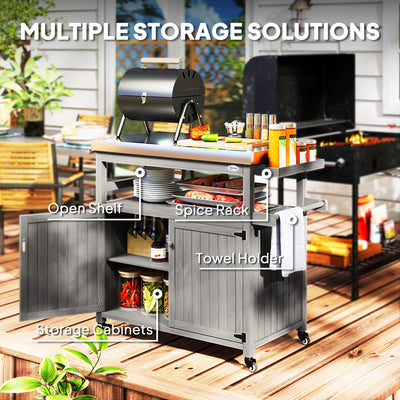 Outdoor Grill Cart w/ Stainless Steel Top, Solid Wood Outdoor Kitchen Island w/ Wheels, Storage Cabinets