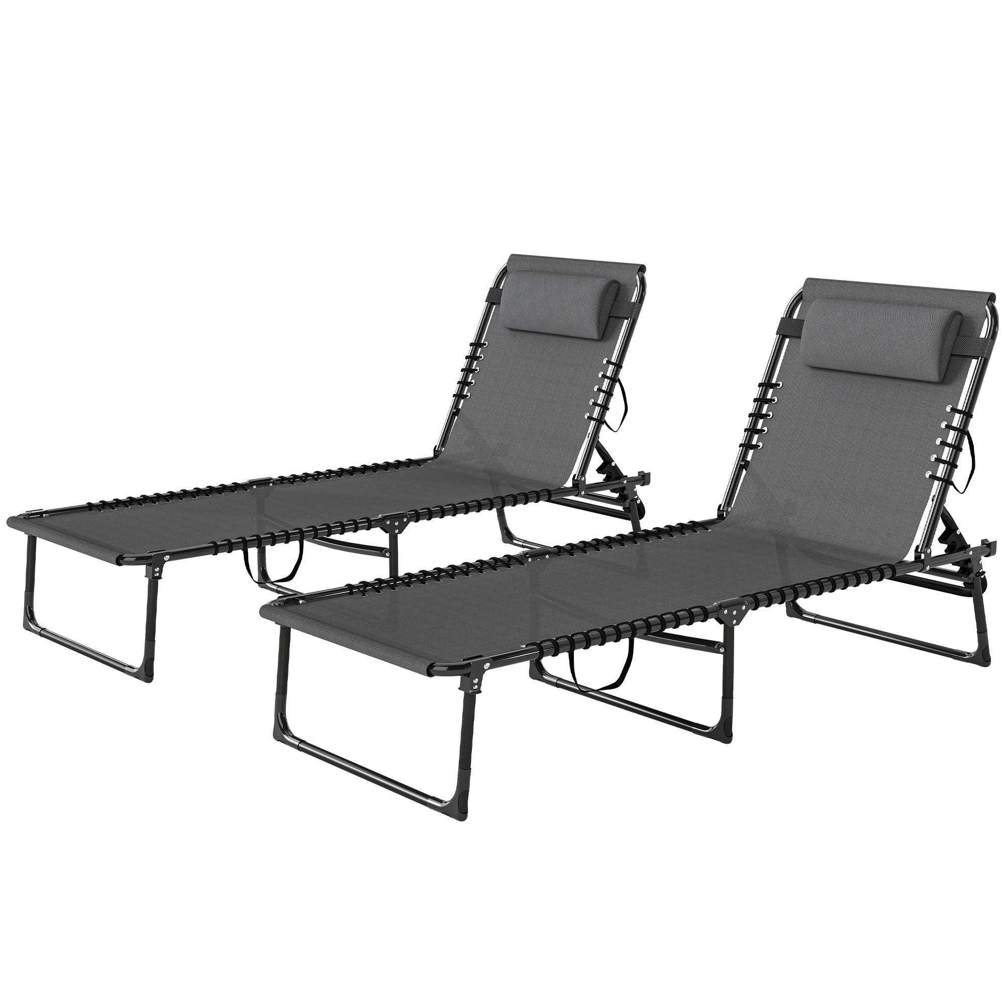 2 Folding Chaise Lounge Pool Chairs with 4-Position Reclining Back, Pillow, Breathable Mesh & Bungee Seat