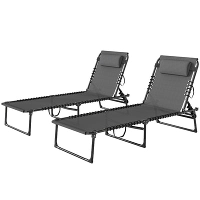 2 Folding Chaise Lounge Pool Chairs with 4-Position Reclining Back, Pillow, Breathable Mesh & Bungee Seat