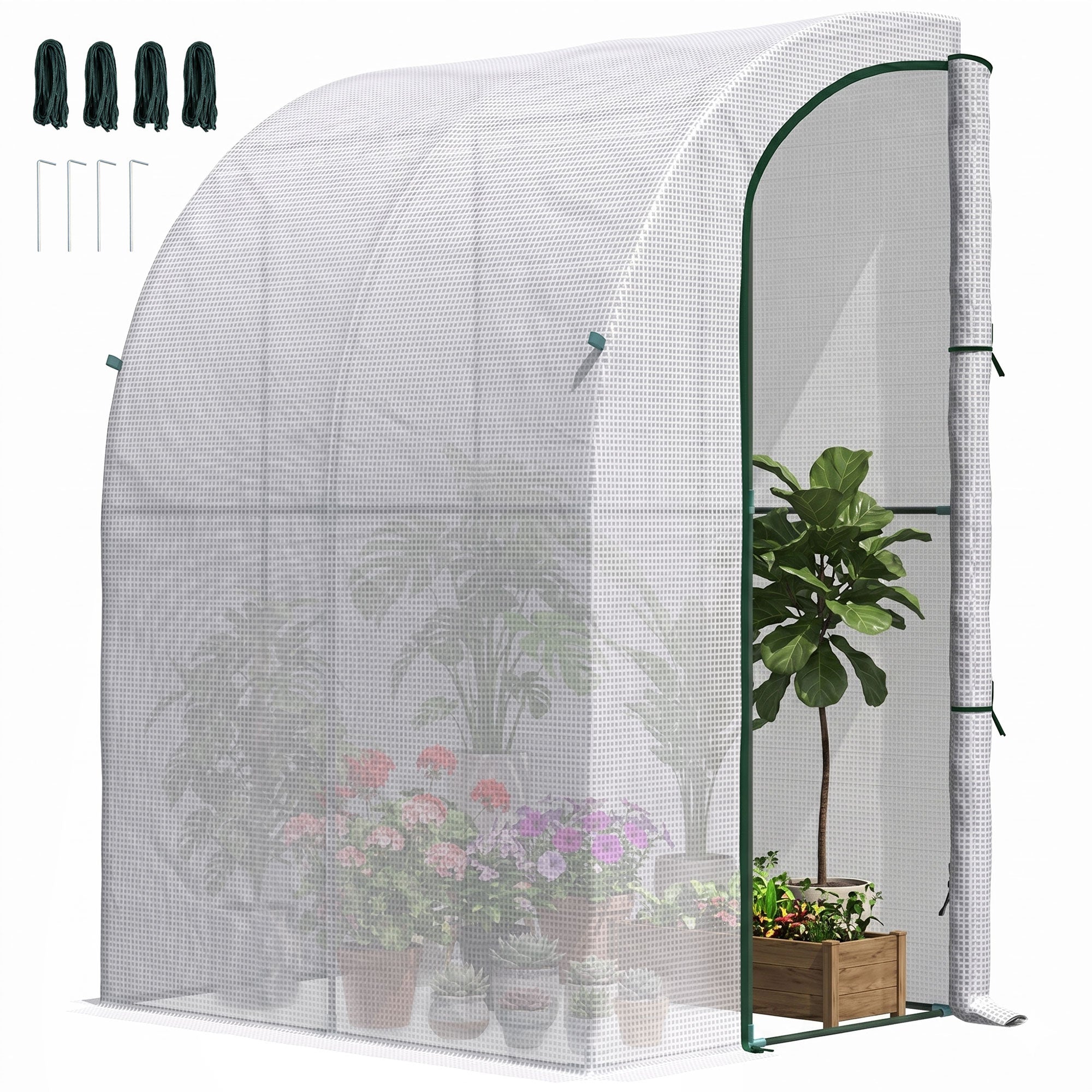 5' x 4' x 7' Outdoor Lean to Greenhouse, Walk-In Green House Plant Nursery with Roll-up Window, PE Cover, White