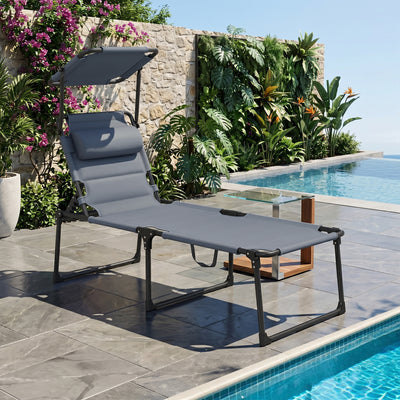 Outdoor Lounge Chair, 4 Position Adjustable Backrest, Folding, Cushioned w/ Sun Shade Roof & Pillow