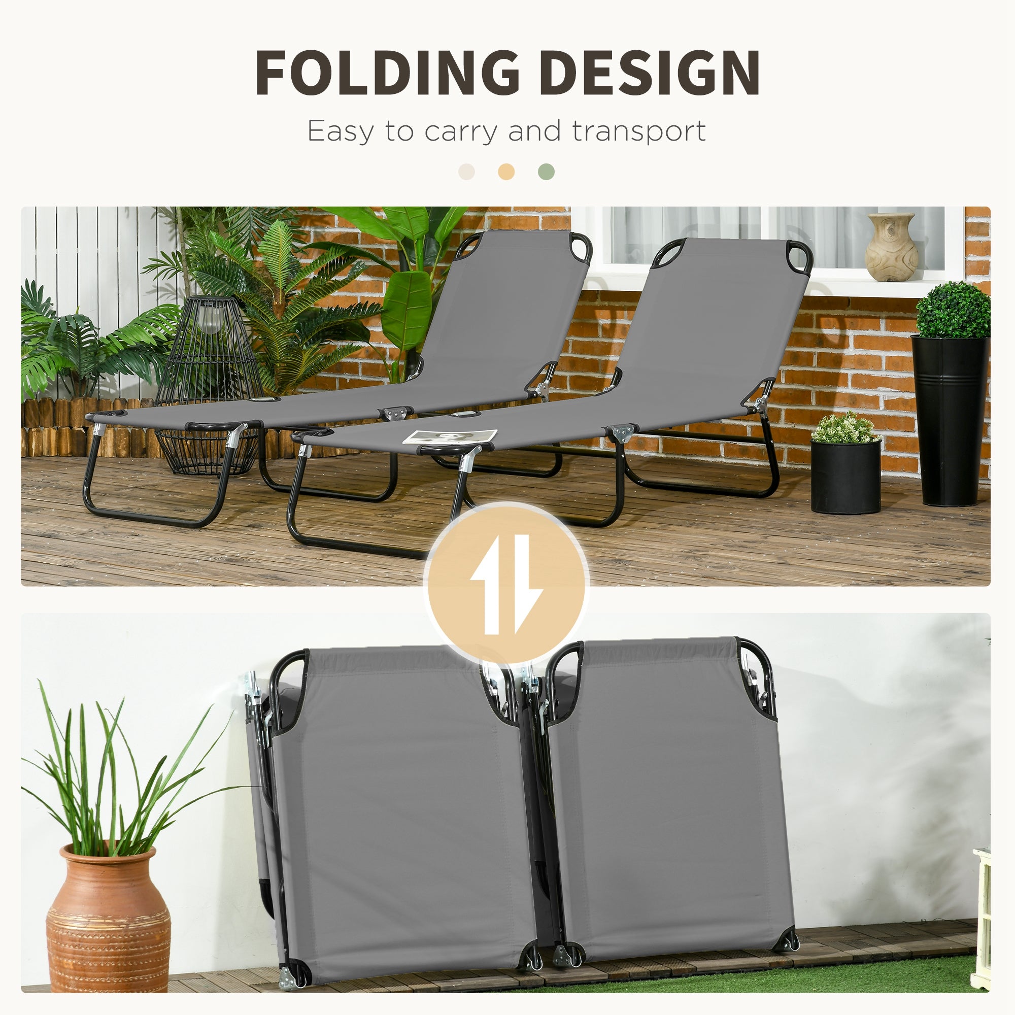 2 Piece Folding Chaise Lounge Pool Chairs, Outdoor Sun Tanning Chairs with 5-Level Reclining Back, Steel Frame for Beach, Yard, Patio