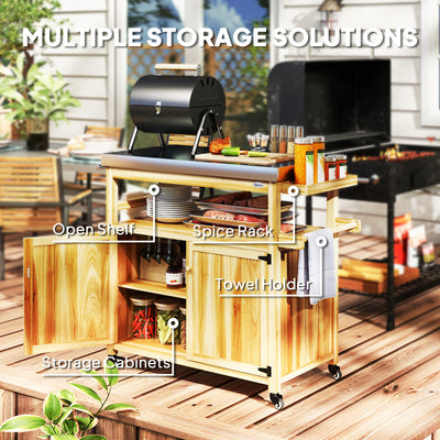 Outdoor Grill Cart w/ Stainless Steel Top, Solid Wood Outdoor Kitchen Island w/ Wheels, Storage Cabinets
