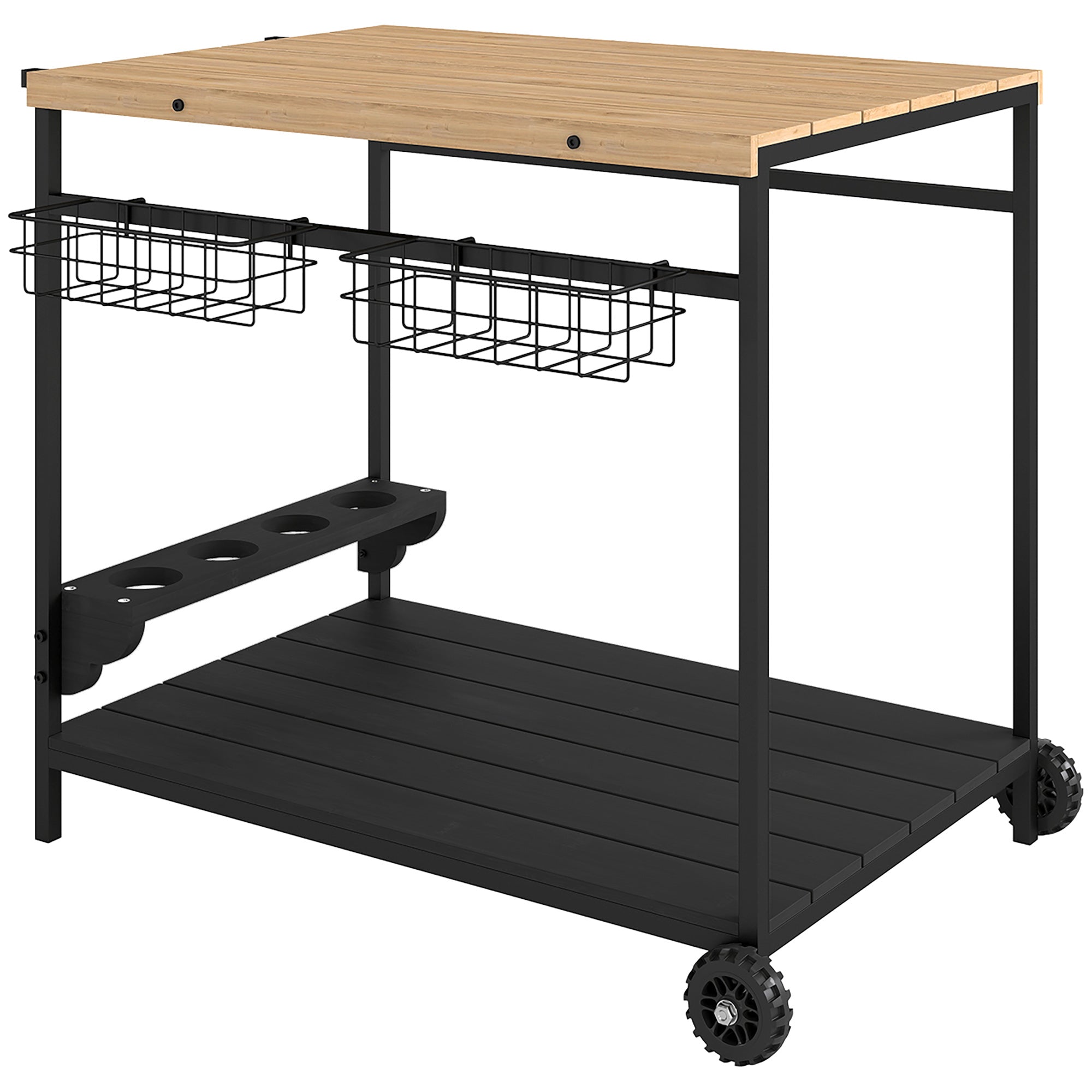 Outdoor Bar Cart Patio Serving Cart with Wine Holders Natural