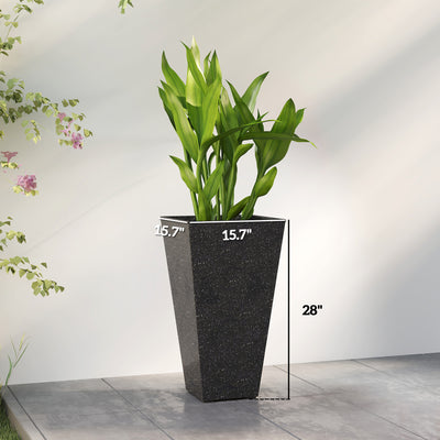 28" Tall Planters, Set of 3 Plastic Flower Pots with Marble Finish and Drainage Holes, Stackable Taper Planters