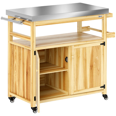 Outdoor Grill Cart w/ Stainless Steel Top, Solid Wood Outdoor Kitchen Island w/ Wheels, Storage Cabinets