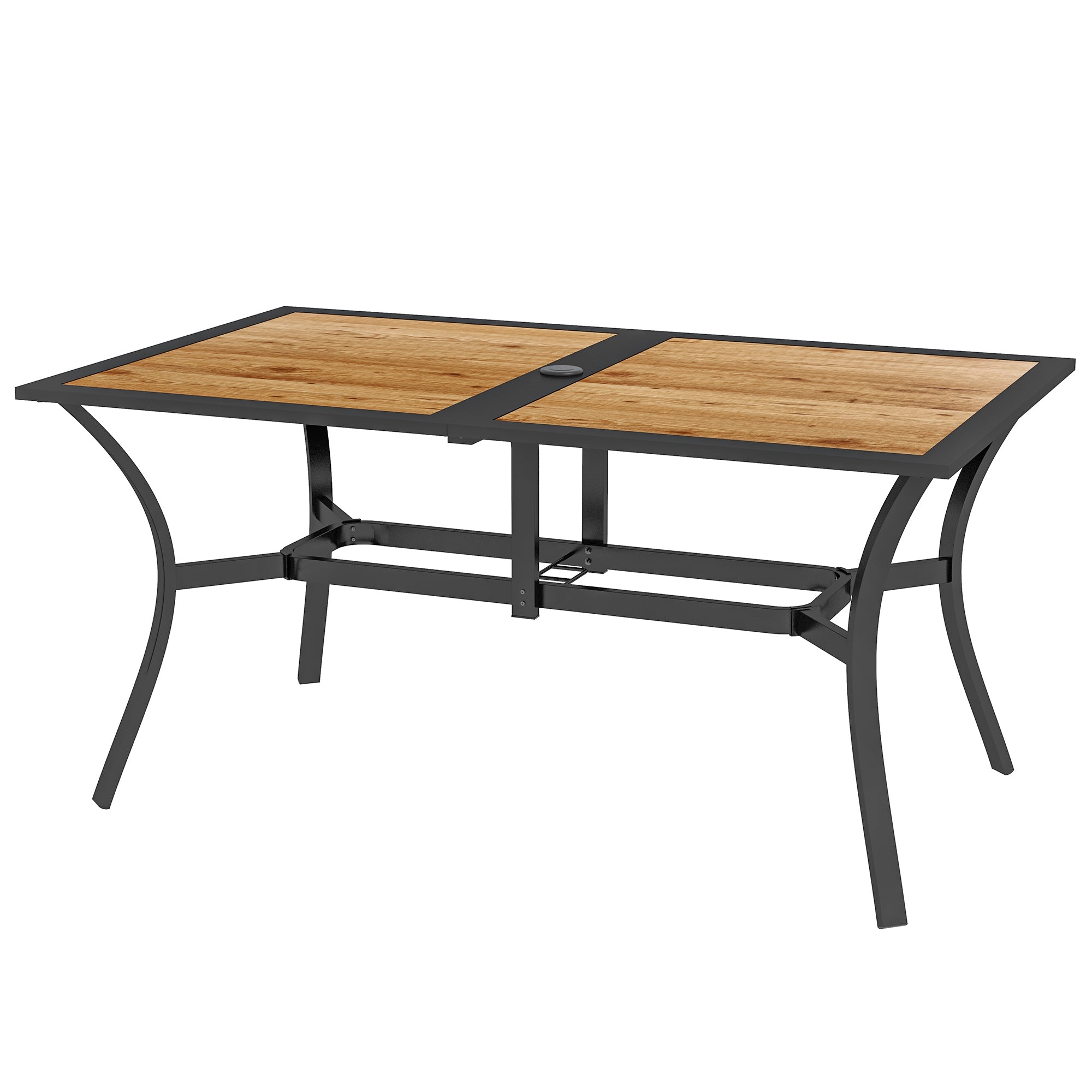 Rectangular Patio Table with Umbrella Hole, Faux Wood Rectangle Outdoor Dining Table for 6 People for Garden, Brown