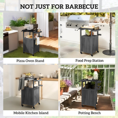 Outdoor Grill Cart w/ Stainless Steel Top, Solid Wood Outdoor Kitchen Island w/ Wheels, Integrated Hole