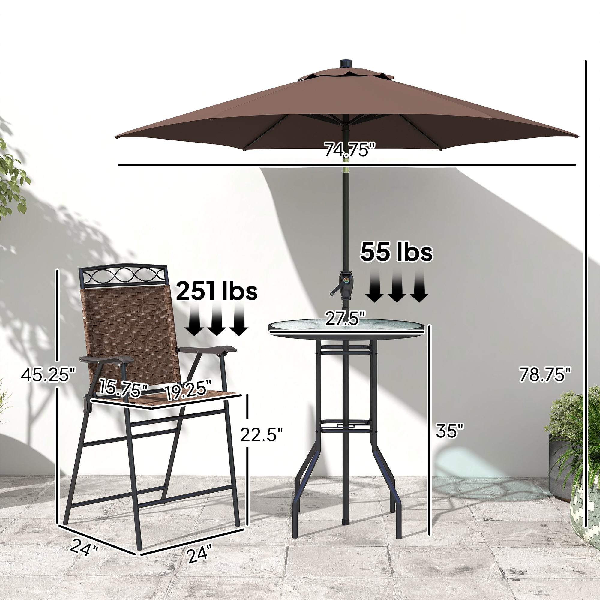 4 Piece Outdoor Bar Set with Umbrella, Patio Dining Set with 2 Folding Chairs, Wave Textured Tempered Glass Table for Backyard, Garden, Deck, Poolside