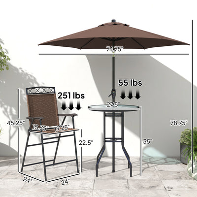 4 Piece Outdoor Bar Set with Umbrella, Patio Dining Set with 2 Folding Chairs, Wave Textured Tempered Glass Table for Backyard, Garden, Deck, Poolside