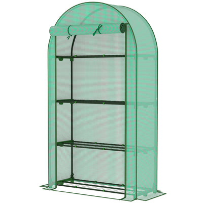 Mini Greenhouse, Portable Greenhouse with 4 Tier Shelves, Roll-Up Door, and Plastic Cover, 41.3" x 17.7" x 63", Green