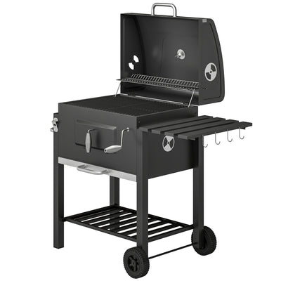 Charcoal BBQ Grill and Smoker Combo Outdoor Portable Trolley Camping Picnic Backyard with Side Shelf, Black