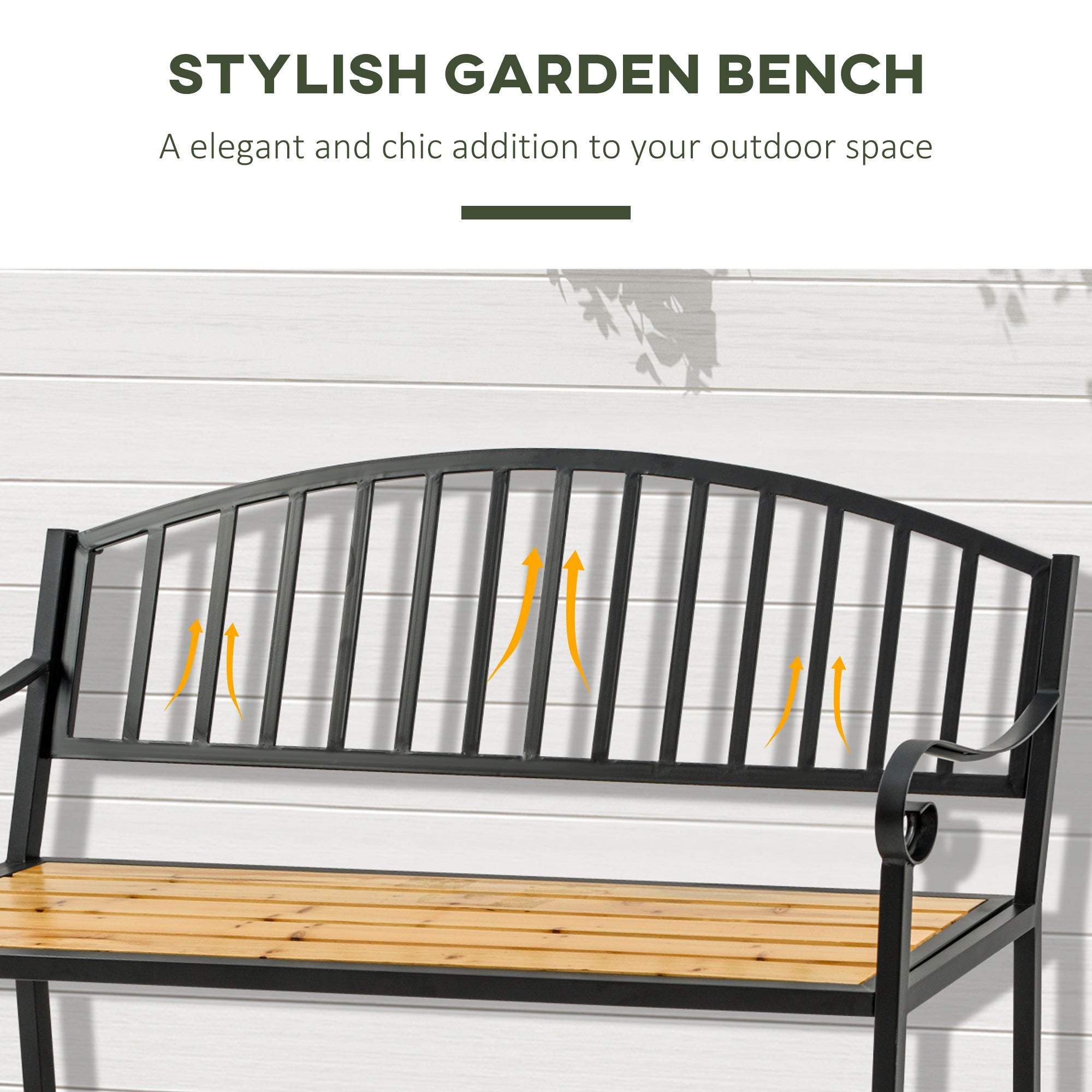 50" Garden Bench, Patio Loveseat with Antique Backrest, Wood Seat and Steel Frame for Backyard or Porch