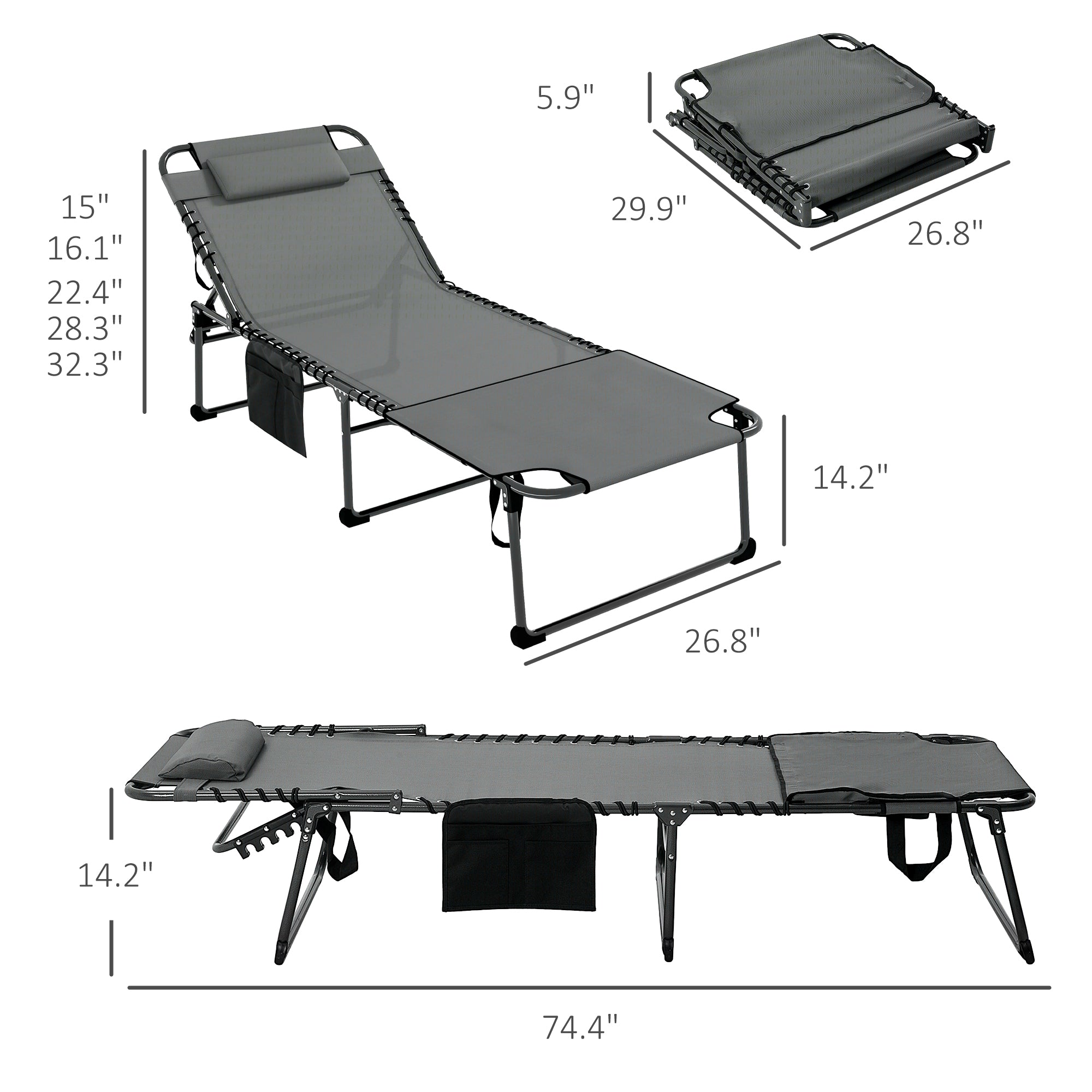 Folding Chaise Tanning Lounge Chair w/ 5-level Reclining Back, Reading Hole, Side Pocket, Headrest