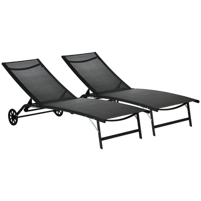 Chaise Lounge Outdoor, 2 Piece Lounge Chair with Wheels, Tanning Chair with 5 Adjustable Positions for Patio, Beach, Yard, Pool