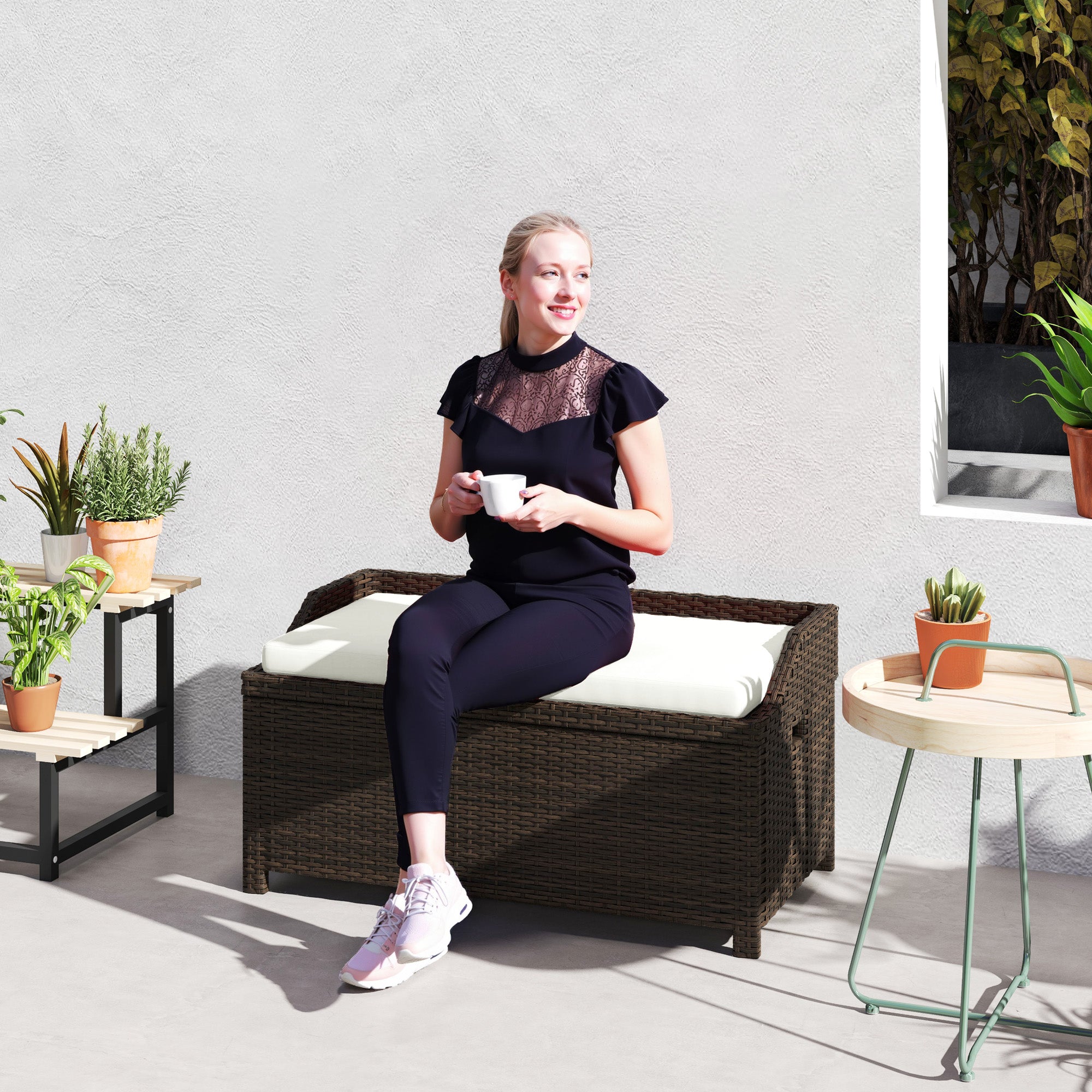 Outdoor Wicker Storage Bench with Storage & Cushion, Cream White