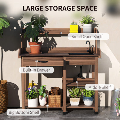 Potting Bench Table, Outdoor Garden Table Wooden Work Station with Removable Sink, Faucet, Drawer, Shelves, Hooks