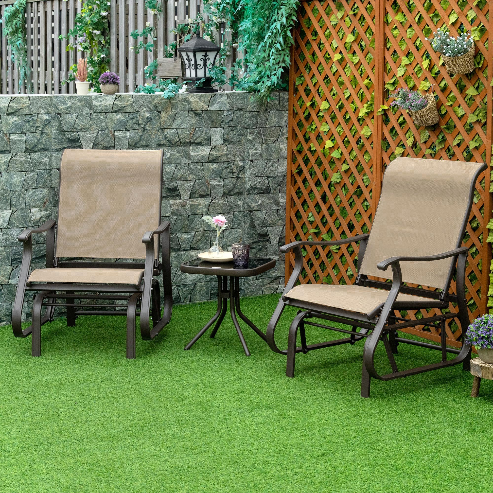 3-Piece Outdoor Gliders Set Bistro Set with Steel Frame, Tempered Glass Top Table for Patio, Garden, Backyard, Lawn