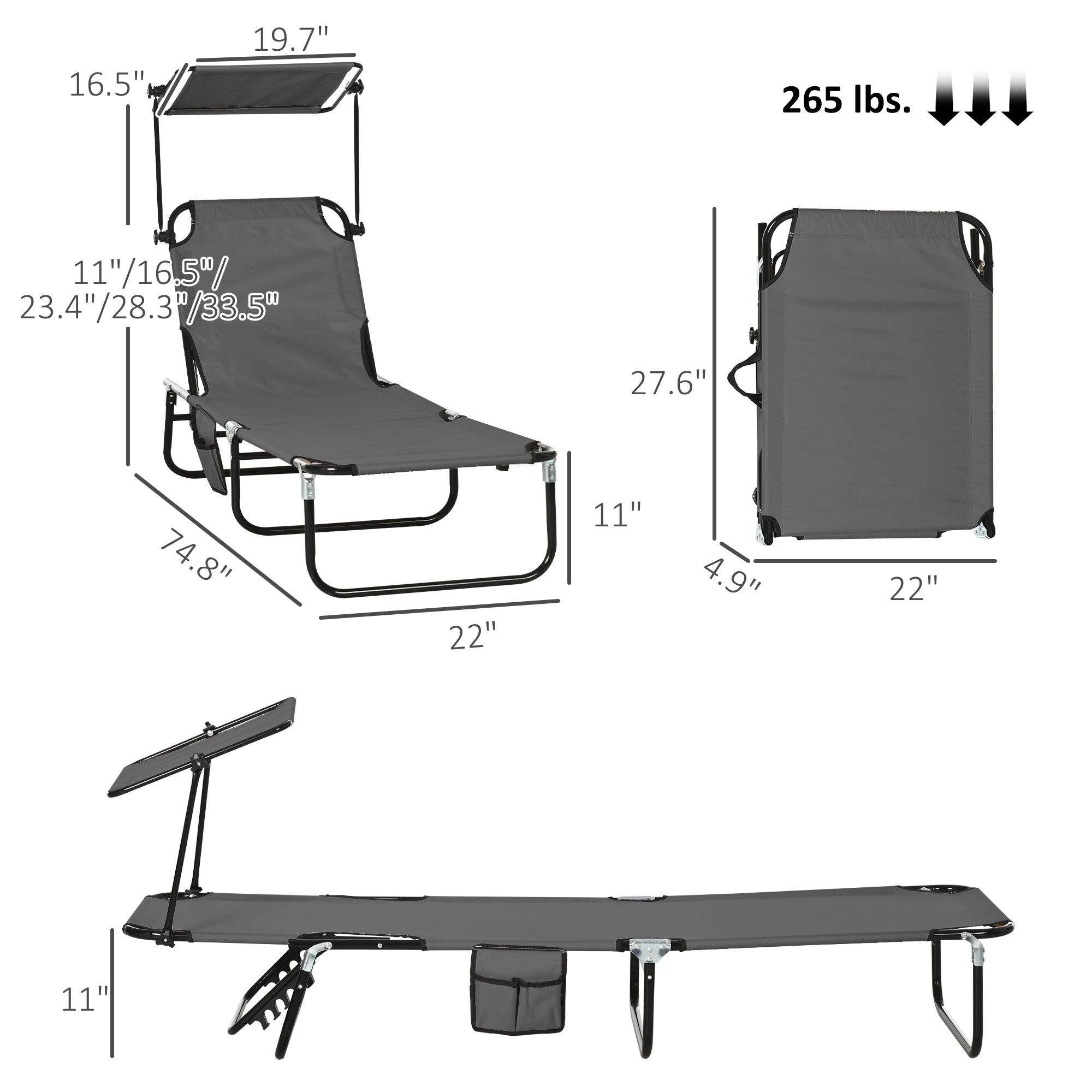 Chaise Pool Lounge Chairs Set of 2, Outdoor Sun Tanning Chairs, Reclining Back, Steel Frame and Side Pocket