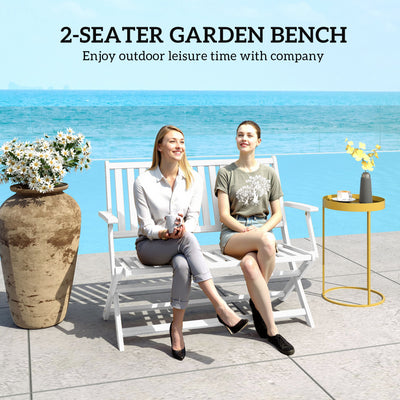 2-Person Foldable Wood Outdoor Bench with Backrest and Armrests for Garden, Porch, Park, Balcony, White